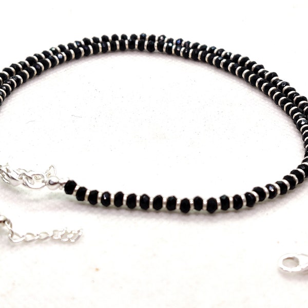 Black Beads Silver Anklet - 925 Sterling Silver Black Beaded Anklet - Adjustable Anklet Bracelet- Protection Silver Anklet - Najariya Anklet
