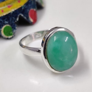 Chrysoprase Ring: Oval Green Gemstone, 925 Sterling Silver, Boho Style