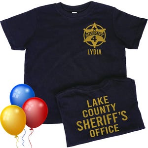 Sheriff Birthday Kids Black T-Shirt with Badge, Personalized Name and Child&#39;s Age - Optional Sheriff&#39;s Office or Other Text on Back