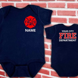 Firefighter Navy Infant Bodysuit with Maltese Cross and Personalized Name - Optional Fire Department on Back