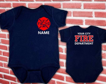 Firefighter Navy Infant Bodysuit with Maltese Cross and Personalized Name - Optional Fire Department on Back