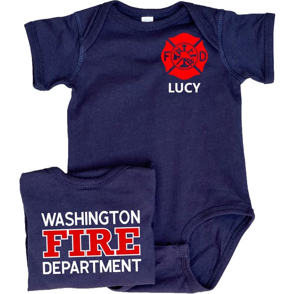 Personalized Firefighter Baby Bodysuit with Maltese Cross - Custom Name Front & Optional Back