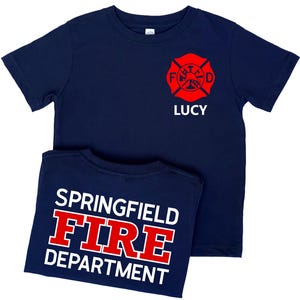 Firefighter Kids T-Shirt with Maltese Cross and Personalized Name - Optional Fire Department on Back