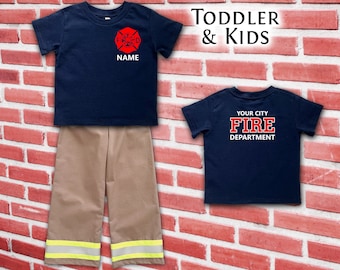Firefighter Kids Navy Tee-Shirt and Khaki Turnout Pants - Maltese Cross and Name on Front - Fire Department on Back - Optional Birthday