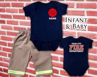 Firefighter Baby Body-Suit in Navy with Maltese Cross and Name on Front and Fire Department on Back - Khaki Turnout Pants