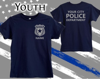 Police Navy Youth T-Shirt with Badge and Personalized Name - Optional Police Department on Back