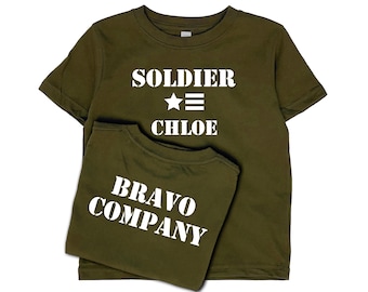 Personalized Army Green Kids T-Shirt, Custom Soldier Name Tee, Military Rank Shirt, Custom Text Front & Back, Boys Girls Gift