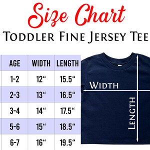 Size chart for toddler fine jersey tee. Includes measurements for sizes 2T, 3T, 4T, 5/6 and 7 for help in ordering the correct size.