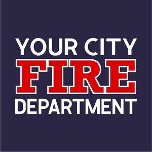 Closeup of custom fire department in white and red letters on navy blue fabric.