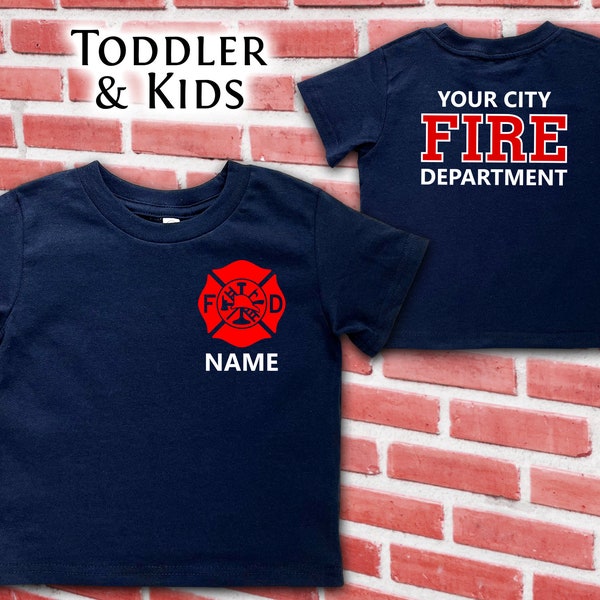 Firefighter Navy Toddler T-Shirt with Maltese Cross and Personalized Name - Optional Fire Department on Back