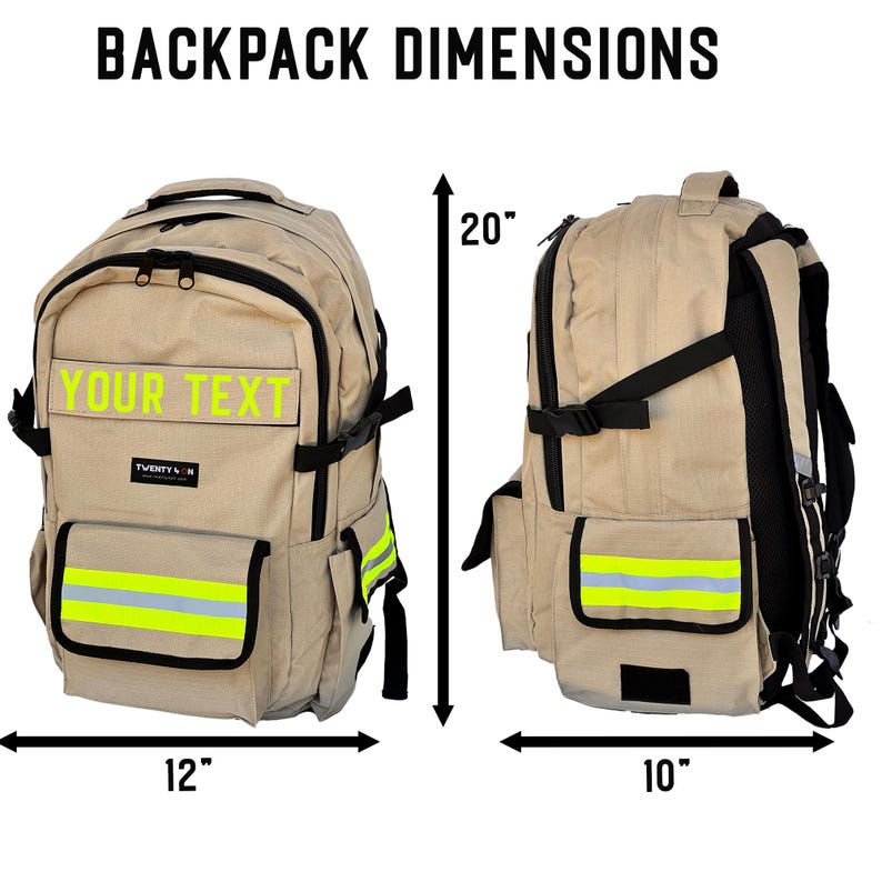 K&ouml;nnte beinhalten: Beigefarbener Rucksack mit schwarzen Akzenten, mit einem rechteckigen Aufn&auml;her mit dem Text "YOUR TEXT". Der Rucksack hat reflektierende gelbe und silberne Streifen und misst 50.8 cm hoch, 30.5 cm breit und 25.4 cm tief.
