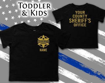 Sheriff Black Toddler T-Shirt with Badge and Personalized Name - Optional Sheriff's Office or Other Text on Back