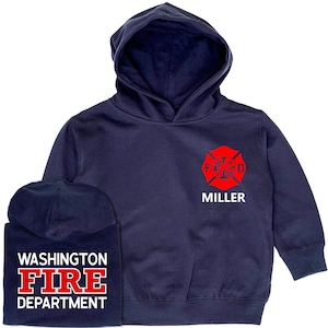 Firefighter Kids Hoodie with Maltese Cross and Name - Optional Fire Department on Back