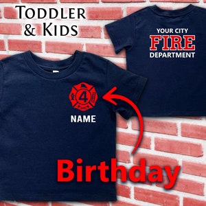 Navy Birthday Firefighter Toddler T-Shirt with Maltese Cross and Child's Age Plus Personalized Name - Optional Fire Department on Back