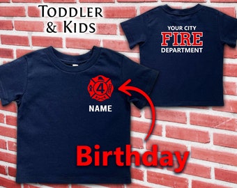 Navy Birthday Firefighter Toddler T-Shirt with Maltese Cross and Child's Age Plus Personalized Name - Optional Fire Department on Back