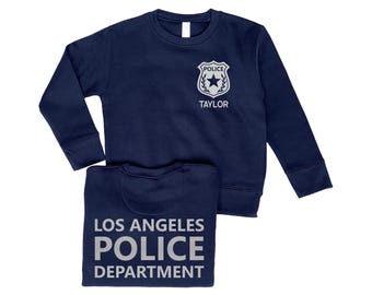 Police Kids Crew Neck Sweatshirt with Badge and Personalized Name - Optional Police Department on Back