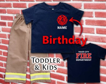 Firefighter Birthday Kids Navy Tee-Shirt and Turnout Pants Outfit - Maltese Cross with age and Name on Front - Fire Department on Back