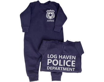 Baby Police Fleece One Piece Bodysuit with Badge and Personalized Name - Optional Police Department on Back