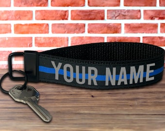 Police Thin Blue Line Keychain Key Fob Wristlet - Personalized with Your Name or Other Text