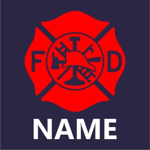 Close up of Red Maltese Cross with NAME in white underneath and navy blue background fabric.