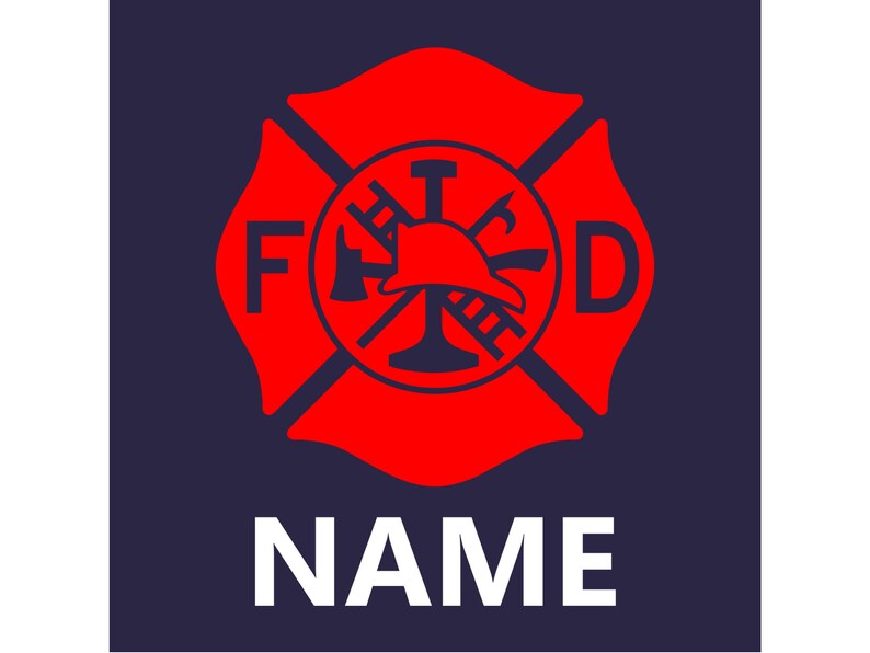 Close up of Red Maltese Cross with NAME in white underneath and navy blue background fabric.