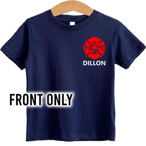 Front view of navy t-shirt with red Maltese Cross on the left chest and custom name underneath. Front only.