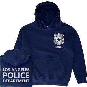 Police Youth Sized Hoodie in Navy with Badge and Name - Optional Police Department on Back