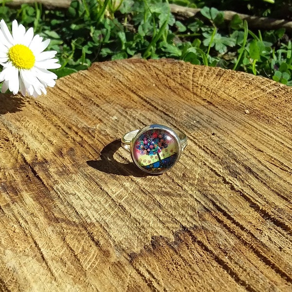 Bague arbre fleuri psychédélique