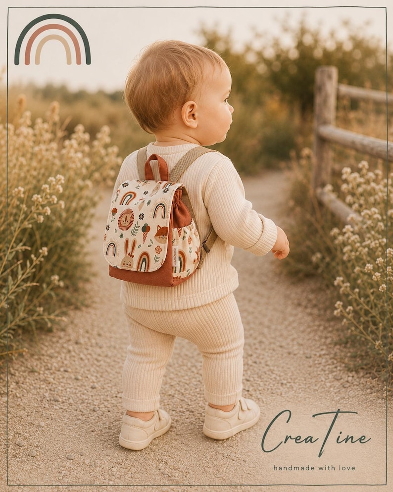 MINI children's backpack with woodland animals, personalized daycare backpack, nursery backpack, kindergarten backpack, Velcro closure, customizable, from 1 year old image 1