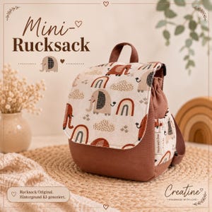 Könnte beinhalten: Ein Mini-Rucksack mit einer cremefarbenen Klappe, die mit einem Muster aus braunen Elefanten, Regenbögen und Wolken bedruckt ist. Der Hauptteil des Rucksacks ist in einem einfarbigen Terrakotta gehalten, mit Kordelzug und einem kleinen Etikett Made with love.