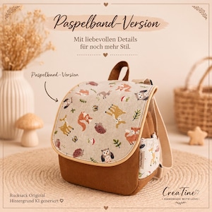 MINI children's backpack "Forest Magic" in natural, beige/brown/sand colors, forest animals/flowers/piping on flap - daycare, nursery - gift from 1 year