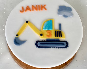 Excavator Janik, cake decoration made of fondant, fondant figures, cake decoration, cake topper, sugar figure, children's birthday party