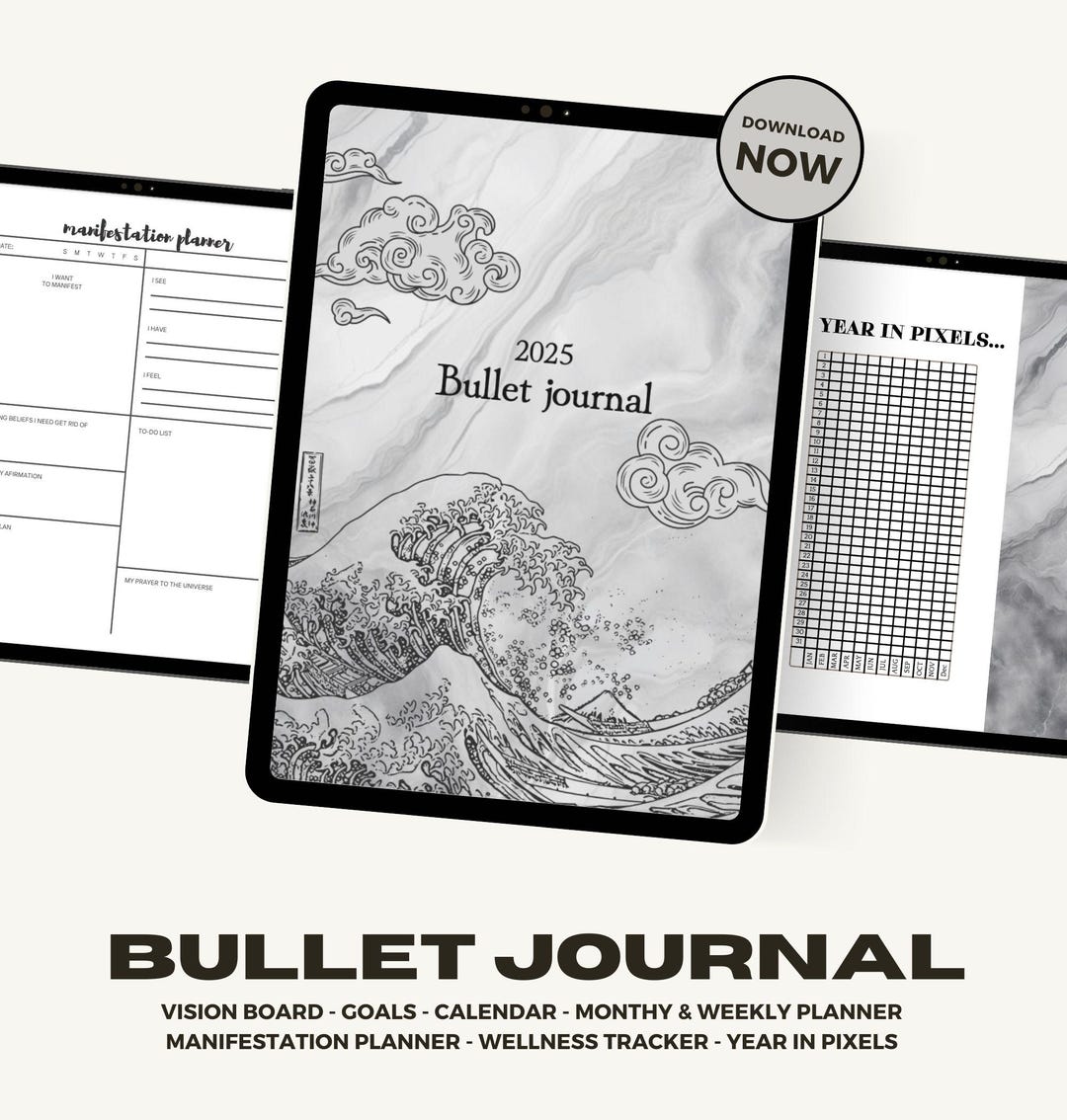Printable 2025 Bullet Journal | 90-page Planner With Vision Board, Mood ...
