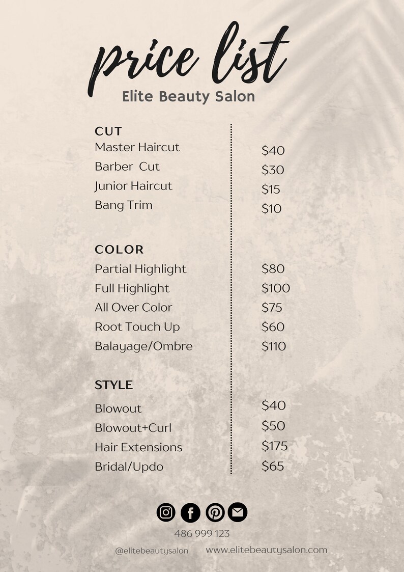 Price List Template,canva Editable,printable Price List, Boutique Price