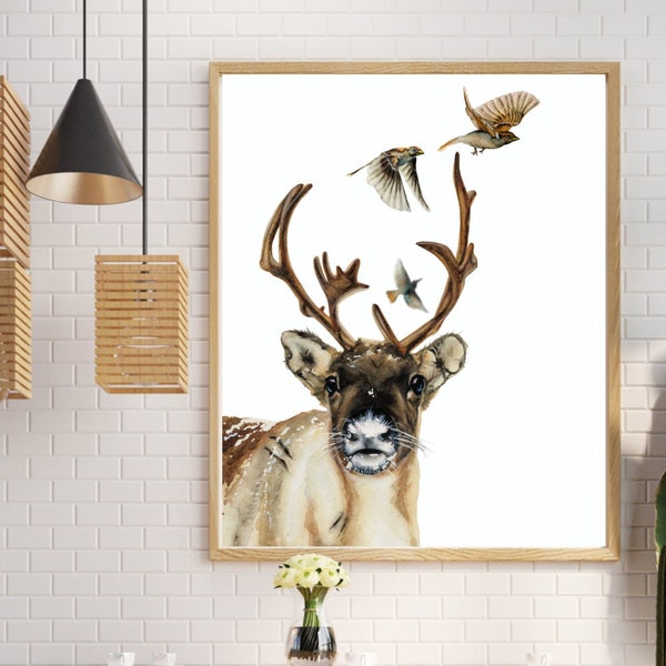 Rentier Fine Art Druck/ Weihnachtsbild/ Aquarell Tier/ Rentier Deko/ Poster Weihnachten 2023/Wandbild Wohnzimmer/ Weihnachtsgeschenke Ideen