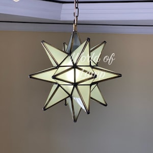 Handmade Moroccan Star Pendant Light, Milky Glass, Brass Filigrain