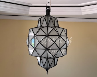 Milky Glass Moroccan Pendant Light: Handmade Brass Lantern
