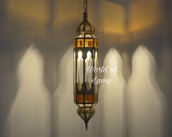 Handmade Moroccan Brass Pendant Light, Filigree Glass Lamp