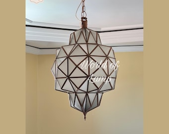 Handmade Moroccan Brass Hanging Lantern, Milky Glass Light