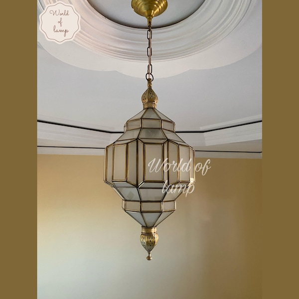 Moroccan hanging lantern, Brass Lamp Shade, Brass Lampshade, Brass Light fixture,brass lighting,brass pendant light, Milky glass light