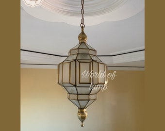 Moroccan hanging lantern, Brass Lamp Shade, Brass Lampshade, Brass Light fixture,brass lighting,brass pendant light, Milky glass light