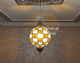 Handgemaakte Marokkaanse messing hanglamp, filigraan glazen lamp