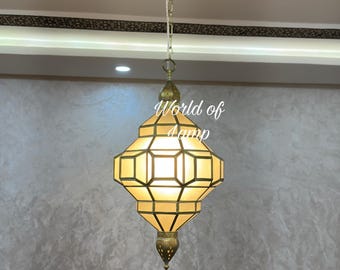 Milky Glass Moroccan Pendant Light: Handmade Brass Filigree