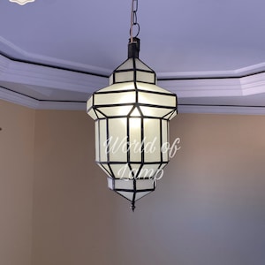 Artisan Moroccan Ceiling Light – Milky Glass Pendant Lamp | Rustic Brass Lantern for Boho Home Decor | Handmade Arabic Lighting Fixture