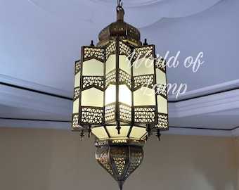 Handmade Brass Moroccan Pendant Light, Milky Glass Filigrain