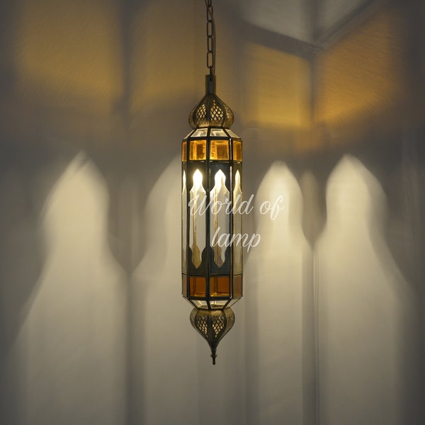 Handmade Moroccan Brass Pendant Light, Filigree Glass Lamp