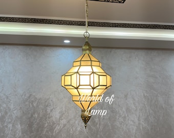 Handmade Moroccan Brass Pendant Light, Milky Glass Chandelier