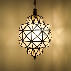 Handmade Moroccan Pendant Light, Milky Glass, Brass Filigrain
