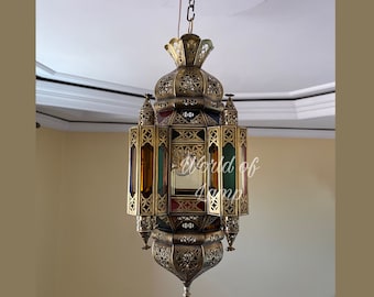 Handmade Brass Moroccan Pendant Light, Filigree Glass Lamp