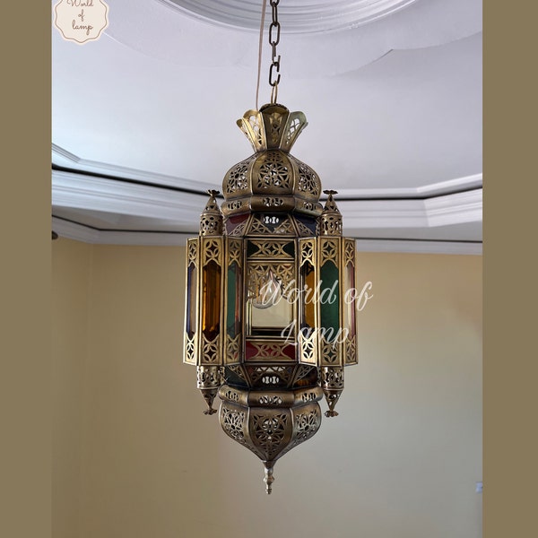 Handmade Brass Moroccan Pendant Light, Filigree Glass Lamp